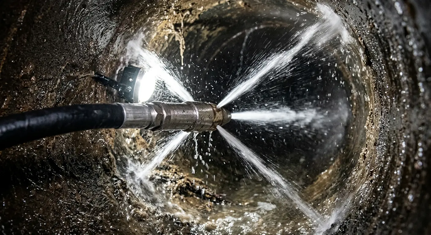 High-pressure hydro jetting nozzle cleaning sewer pipe for Storm Drain Cleaning in The Village of Indian Hill