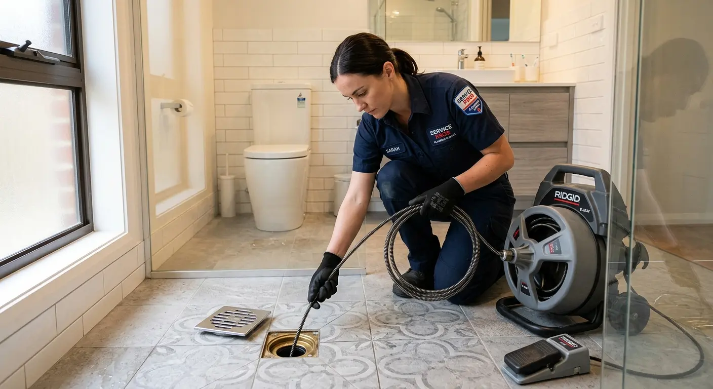 Technician clearing a bathroom floor drain for Sewer Line Installation in The Village of Indian Hill